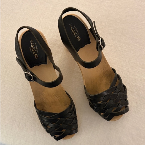 Swedish Hasbeens Black Leather Clogs/ Heels main image 3